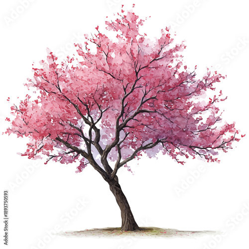 Watercolor Cherry Tree vector, artistic painting style, high-resolution illustration on a pure white background.