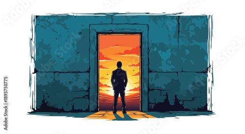 A solitary man in a suit stands silhouetted before a grand doorway, gazing at a vibrant sunset.