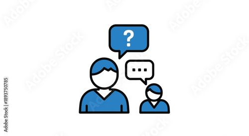 Two people are having a conversation, one person is asking a question, represented by a question mark in a speech bubble.