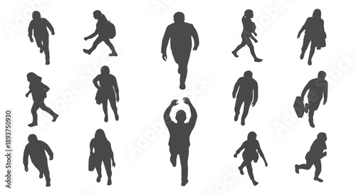 Collection of Silhouetted Figures of People in Various Poses and Actions, Viewed from Above.