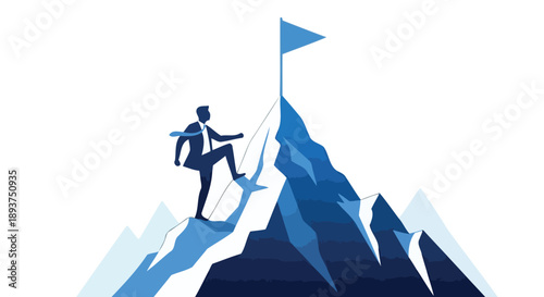 Silhouette of a businessman climbing a steep mountain towards a flag at the summit, symbolizing achievement and success.