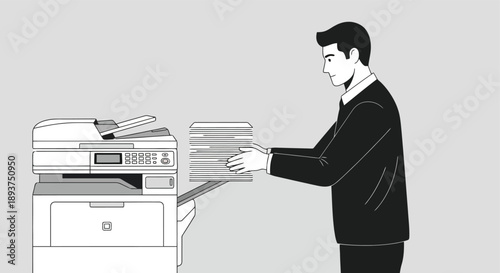A businessman in a suit places a stack of papers into a copier machine in an office setting.