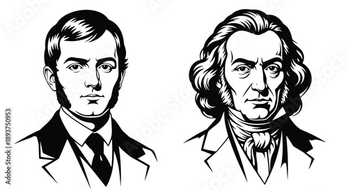 Two distinguished gentlemen in formal attire, depicted in a classic black and white illustration style, showcasing historical portraiture.