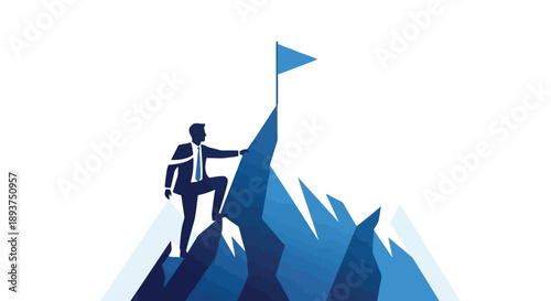 Silhouette of a businessman climbing a steep mountain peak towards a flag, symbolizing achievement and success.