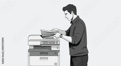 A man is placing a stack of documents into the automatic document feeder of a multifunction printer.