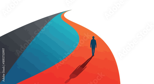 A solitary figure walks along a winding, colorful path towards an unseen destination, casting a long shadow.