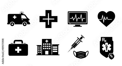 Medical and Healthcare Services Icon Collection Featuring Ambulance Hospital Cross Emergency Monitor and Pharmacy Symbols