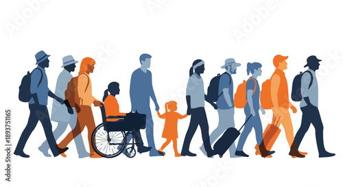 Diverse group of people walking together, including individuals with disabilities and children, carrying luggage and backpacks, symbolizing migration and travel.