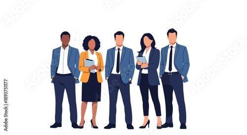 A diverse group of five professionals, including men and women of various ethnicities, stand confidently in business attire, representing teamwork and corporate success.