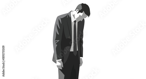 A man in a suit stands with his head bowed, conveying a sense of despair or defeat.