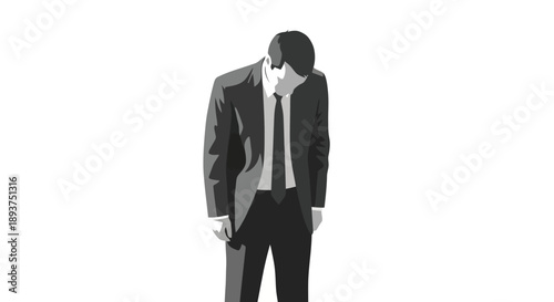 A man in a suit stands with his head bowed, conveying a sense of despair or defeat.