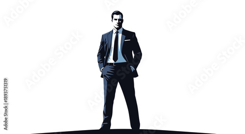 A sharply dressed man in a dark suit and tie stands confidently with his hands in his pockets against a stark white background.