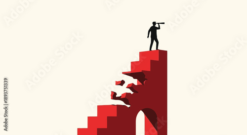 Silhouette of a person standing at the top of a broken staircase, looking through a telescope into the distance.
