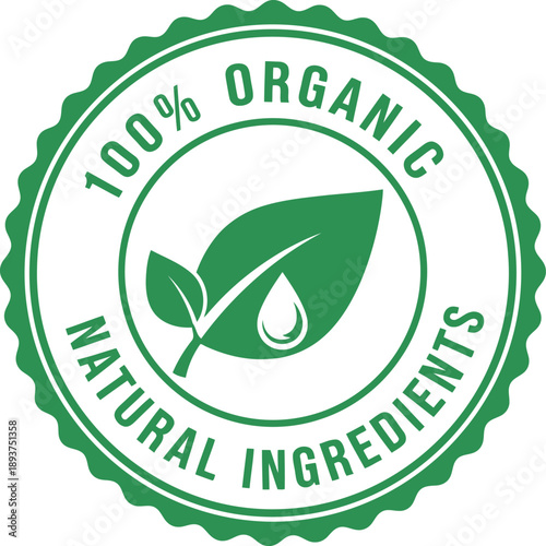 100 Percent Organic Natural Ingredients Green Badge Label for Eco-Friendly Product Packaging