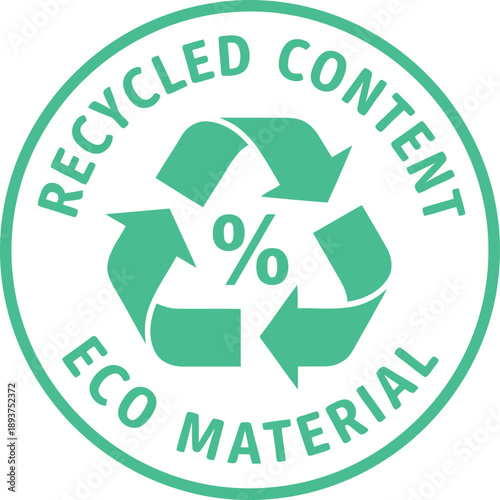 Eco Material Recycled Content Badge with Green Recycling Symbol for Sustainable Packaging