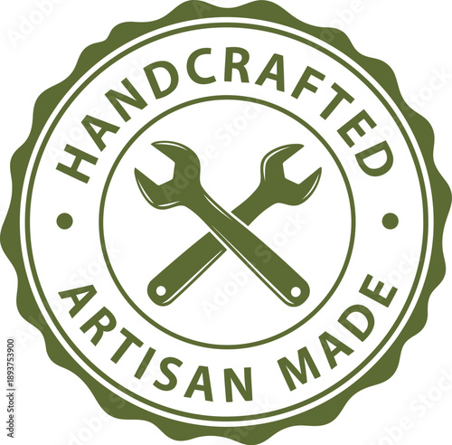 Handcrafted Artisan Made Badge Logo with Wrenches, Vintage Craftsmanship Emblem Design