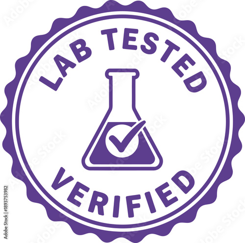 Purple Lab Tested Verified Badge Icon with Checkmark and Laboratory Flask for Certification Labels