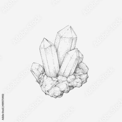 Druze of crystals illustration with faceted shards, speckled edges, stipple shadows and grainy dust particles, textured mineral cluster with threshold grit.