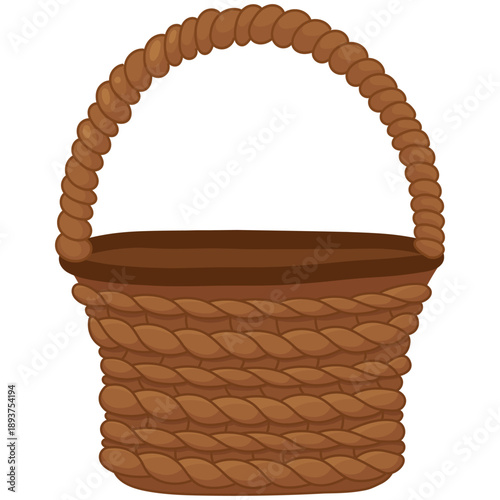 Decorative wicker basket illustration with woven texture and handle. Clean flat vector style, suitable for spring designs, Easter themes, packaging