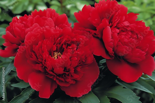 Three vivid red peonies display their layered petals beautifully against a backdrop of greenery