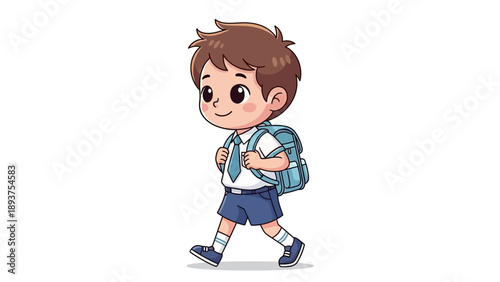 Young Cartoon Boy Walking with Backpack.