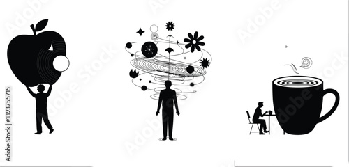 Surreal conceptual silhouettes of creativity, imagination and thinking, human mind ideas, knowledge growth, coffee inspiration illustration isolated
