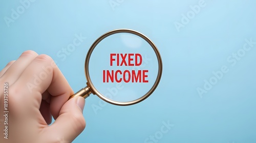 A hand holding a magnifying glass with the words FIXED INCOME on a light blue background from a close-up viewpoint