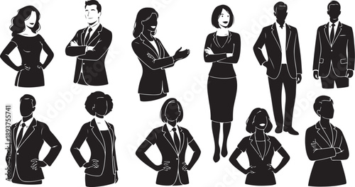Silhouettes of business people in various confident poses illustration