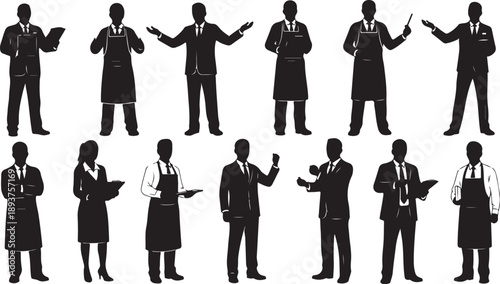 Silhouettes of business professionals in various poses and attire