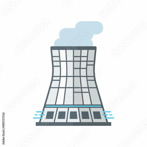 Stylized illustration of a hyperbolic cooling tower emitting steam or vapor