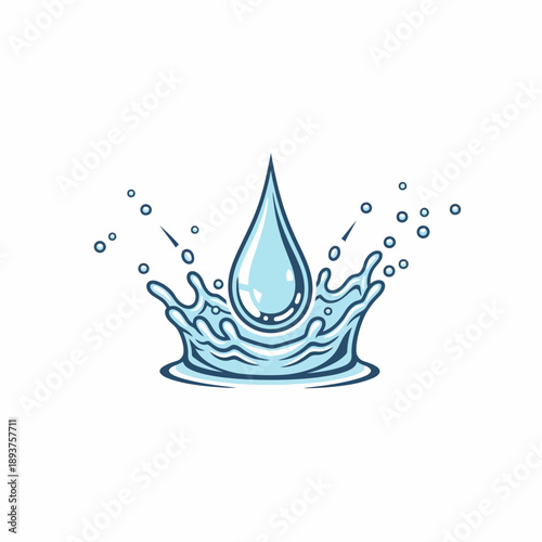 Stylized illustration of a large water drop creating a crownlike splash with small droplets scattering