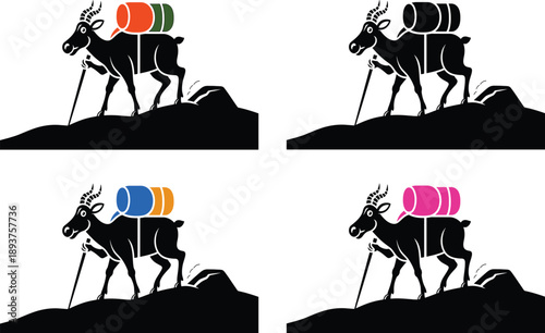 Black goat with backpack and walking stick on rocky terrain