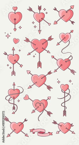 Hand Drawn Hearts with Arrows Illustration.