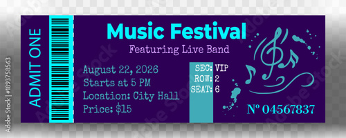 Vibrant purple Music Festival ticket template featuring hand-drawn treble clef and notes. Professional event pass for live bands, concerts, or open-air festivals with barcode and VIP seat details