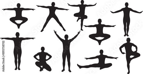 Silhouettes of people in various yoga poses and stretches