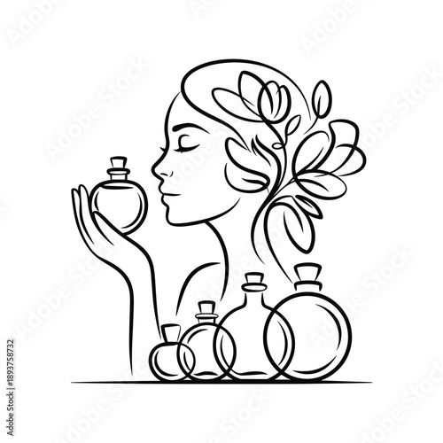 Elegant artistic line drawing of a woman smelling a perfume bottle with floral elements in her hair isolated on transparent background