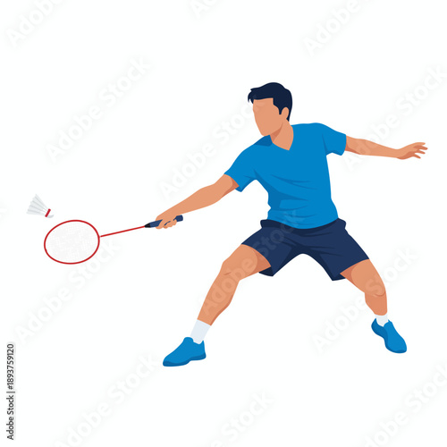 Stylized illustration of a male badminton player lunging to hit a shuttlecock