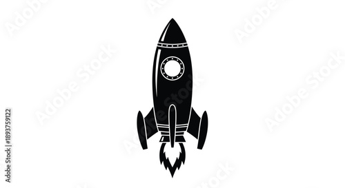 A sleek black rocket ship illustration with visible engine flames