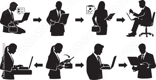 Businessman working on laptop in various positions and settings daily