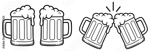 Beer glasses toasting line vector design.