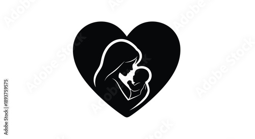A black heart shape containing a white illustration of a mother and baby