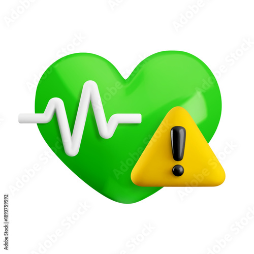 Vector cartoon 3d cardiology warning icon. 3d render of green heart with pulse line, exclamation mark triangle sign. Heartbeat rate danger notification. Cardiogram attention symbol cardio monitor app