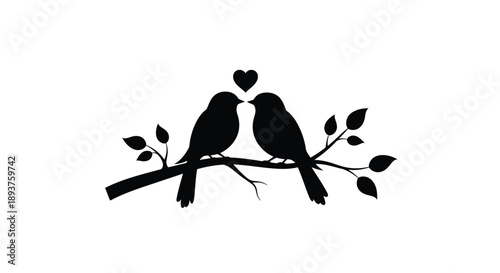 Two birds perched on a branch with a heart shape between them