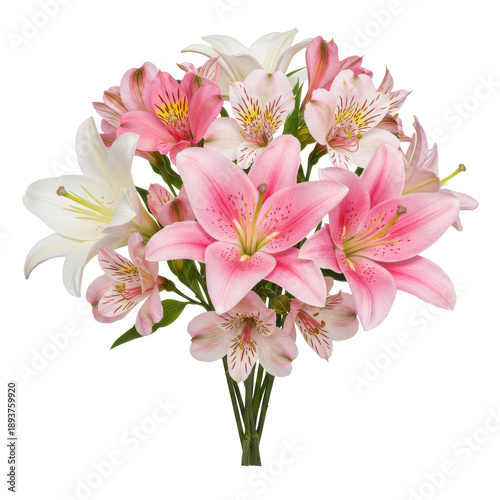 Elegant bouquet of pink lilies and alstroemeria with delicate markings isolated on white background