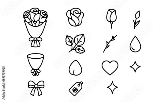 Red Roses Icon Set. Red roses bouquet close-up. Line outline icon set of Red roses bouquet close-up: rose