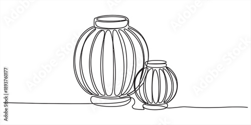 Minimalist continuous line drawing showcasing two decorative vases or lanterns side by side Vector, illustration