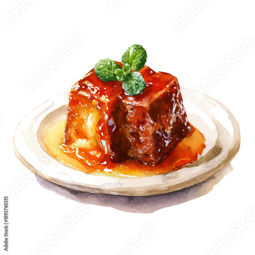 Sticky Toffee Pudding watercolor vector, hand-painted style, high-quality illustration isolated on white background.