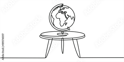 Continuous line art of a globe resting on a three-legged table, symbolizing education and travel Vector, illustration
