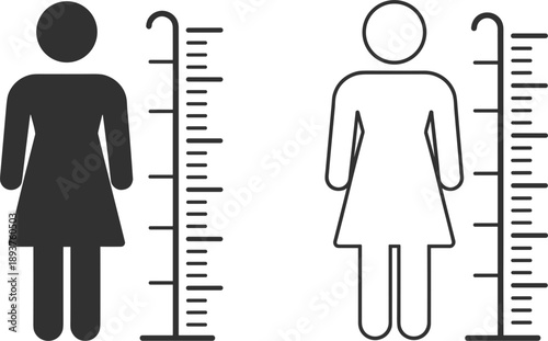 Silhouette and outline icons of a person with a height measurement scale Keywords: height, measurement, scale, ruler, person