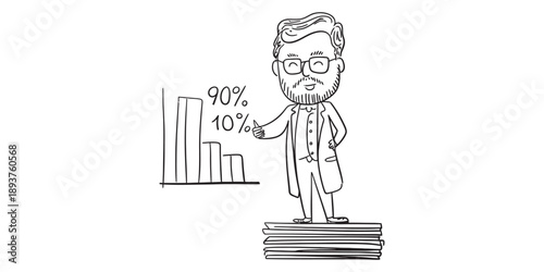 A bearded man in glasses presenting statistics and data on a bar chart. Vector, illustration